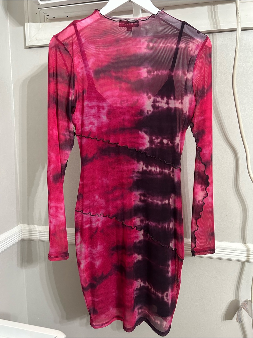 GUESS Pink and Black Tie-Dye Mesh Long-Sleeve Dress